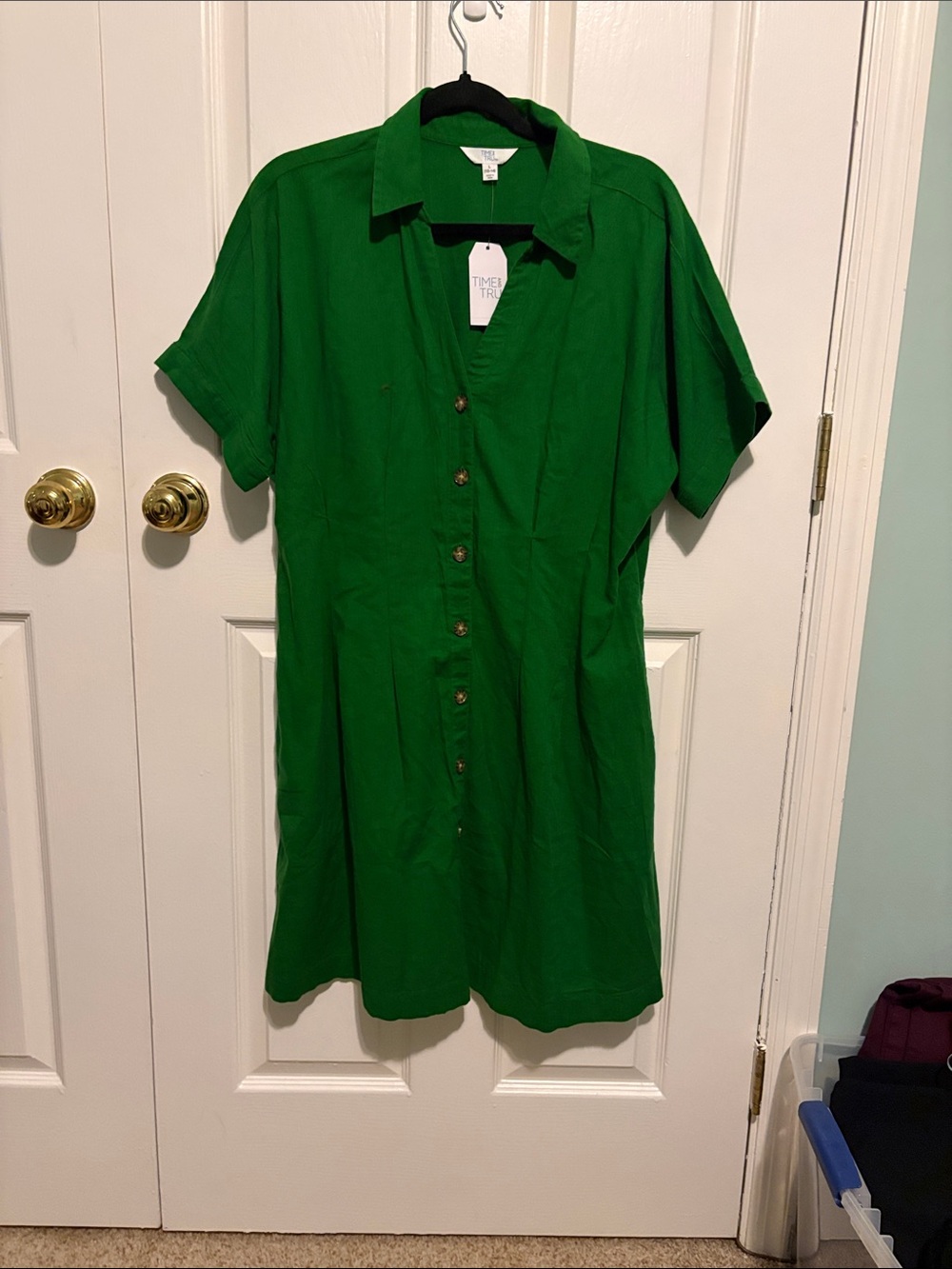 Time and Tru Bright Green Button-Front Mini Shirt Dress